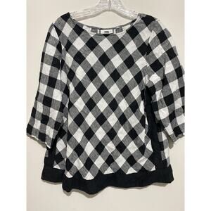 J Jill Blouse Womens Medium Top Plaid 3/4 Sleeve Love Linen Black White Check